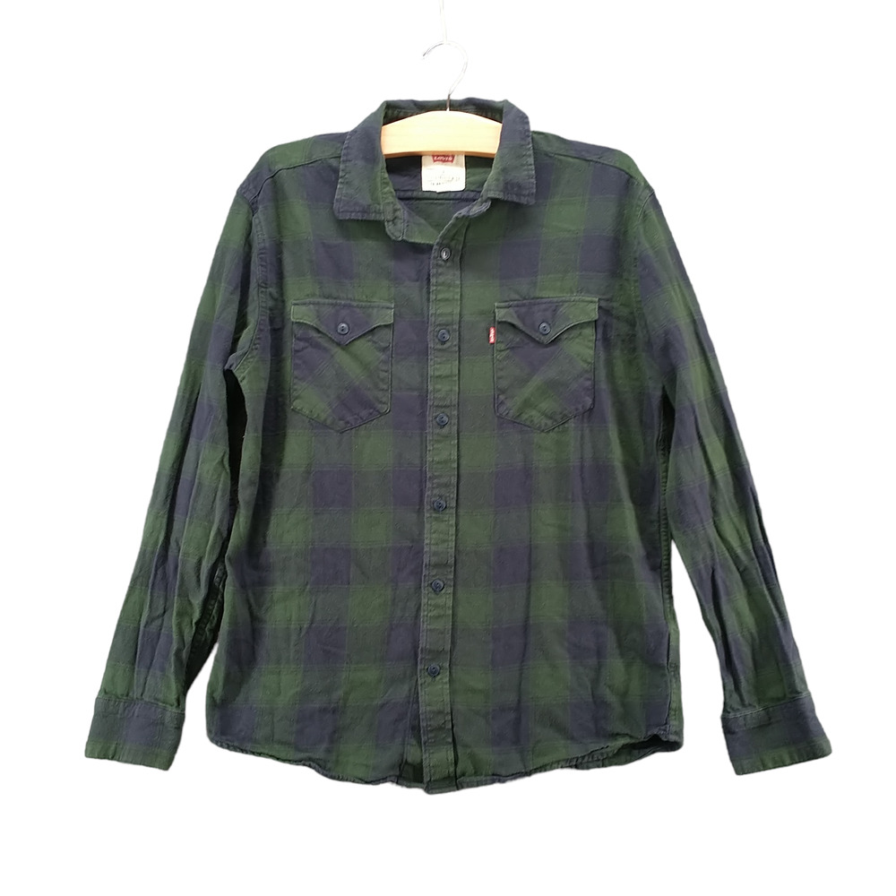 Levi's Men's Flannel Button-Up Shirt Blue Green Small Long Sleeve Check Pockets